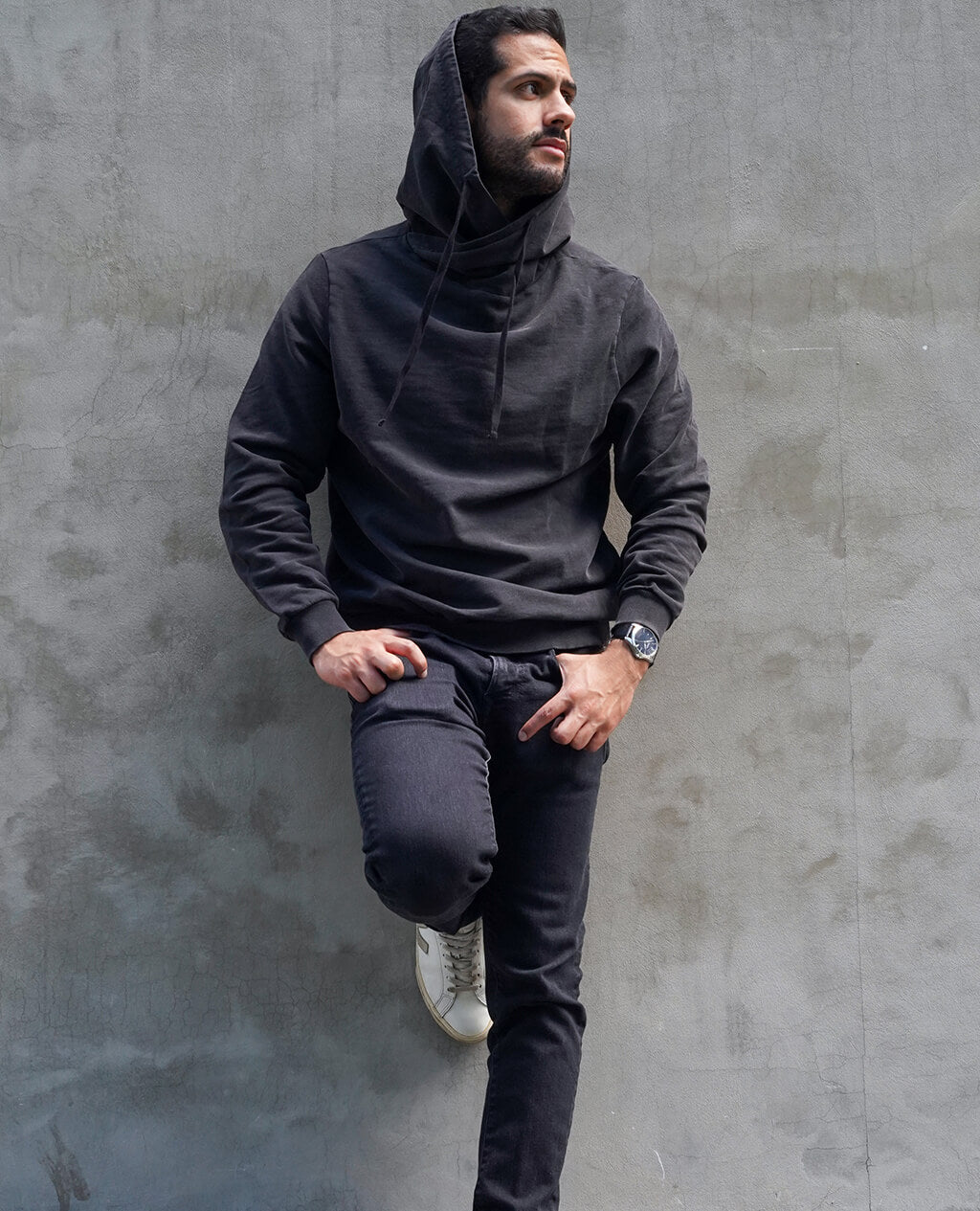 Hoodie Black Lightweight Cross Neck | Pima Cotton