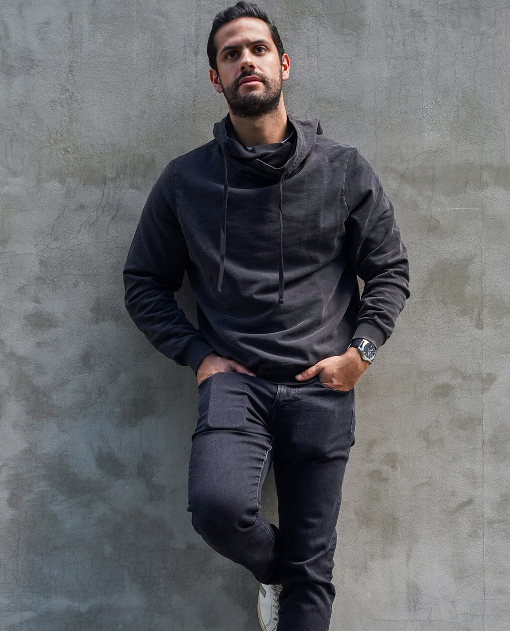 Hoodie Black Lightweight Cross Neck | Pima Cotton