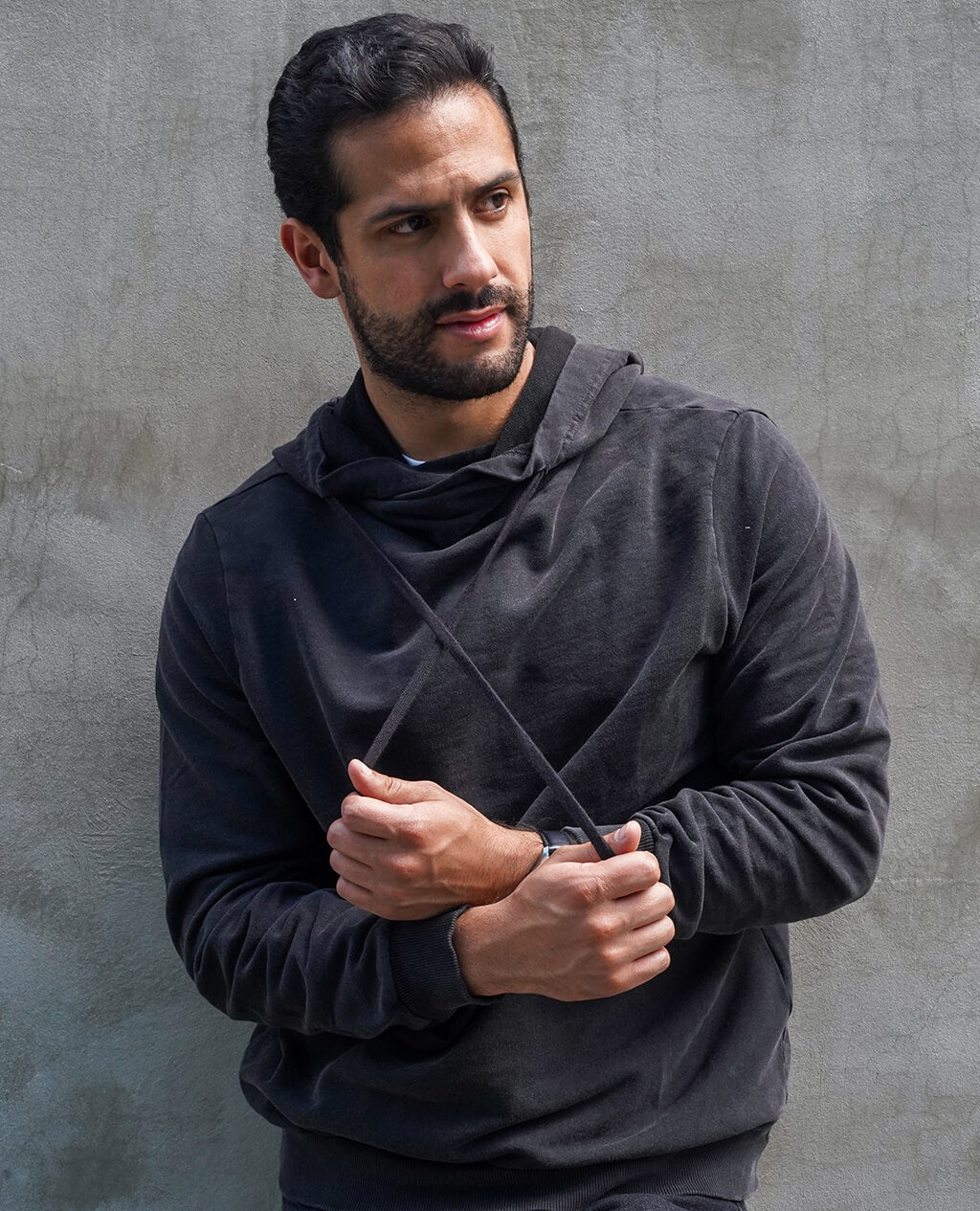 Hoodie Black Lightweight Cross Neck | Pima Cotton